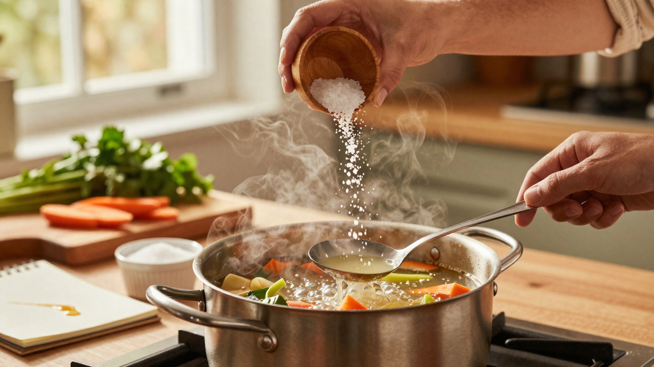 Mãos a temperar sopa de legumes com sal num tacho metálico a ferver numa cozinha iluminada.
