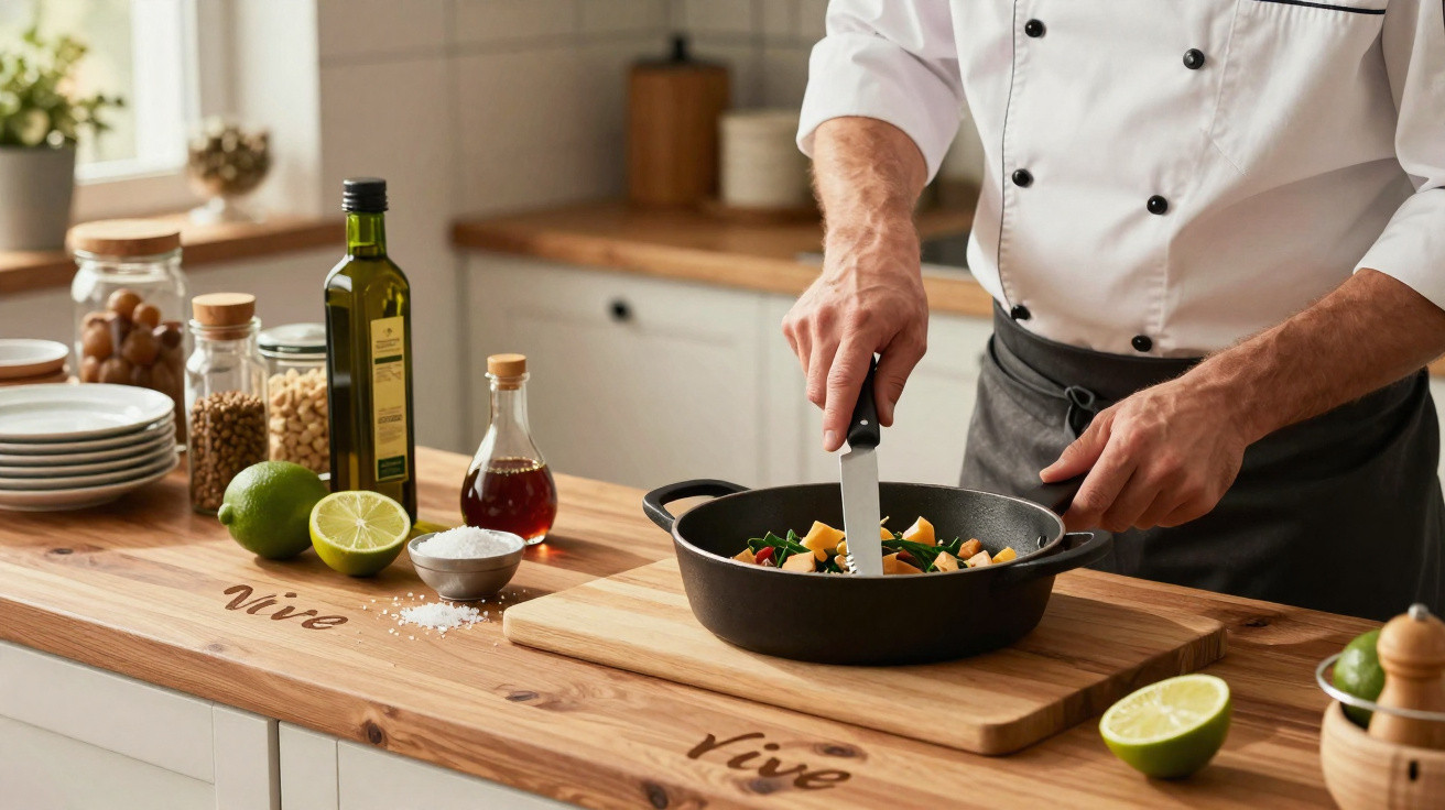 Chef a preparar legumes numa frigideira na cozinha com ingredientes frescos e azeite sobre a bancada.