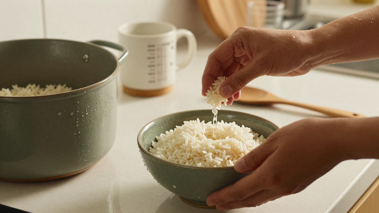 Mãos a preparar arroz de uma panela para uma tigela verde numa cozinha doméstica.