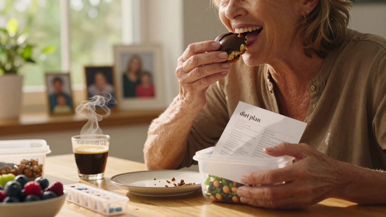 Mulher sorridente a comer sobremesa de chocolate com plano de dieta na mão, à mesa com comida e café.
