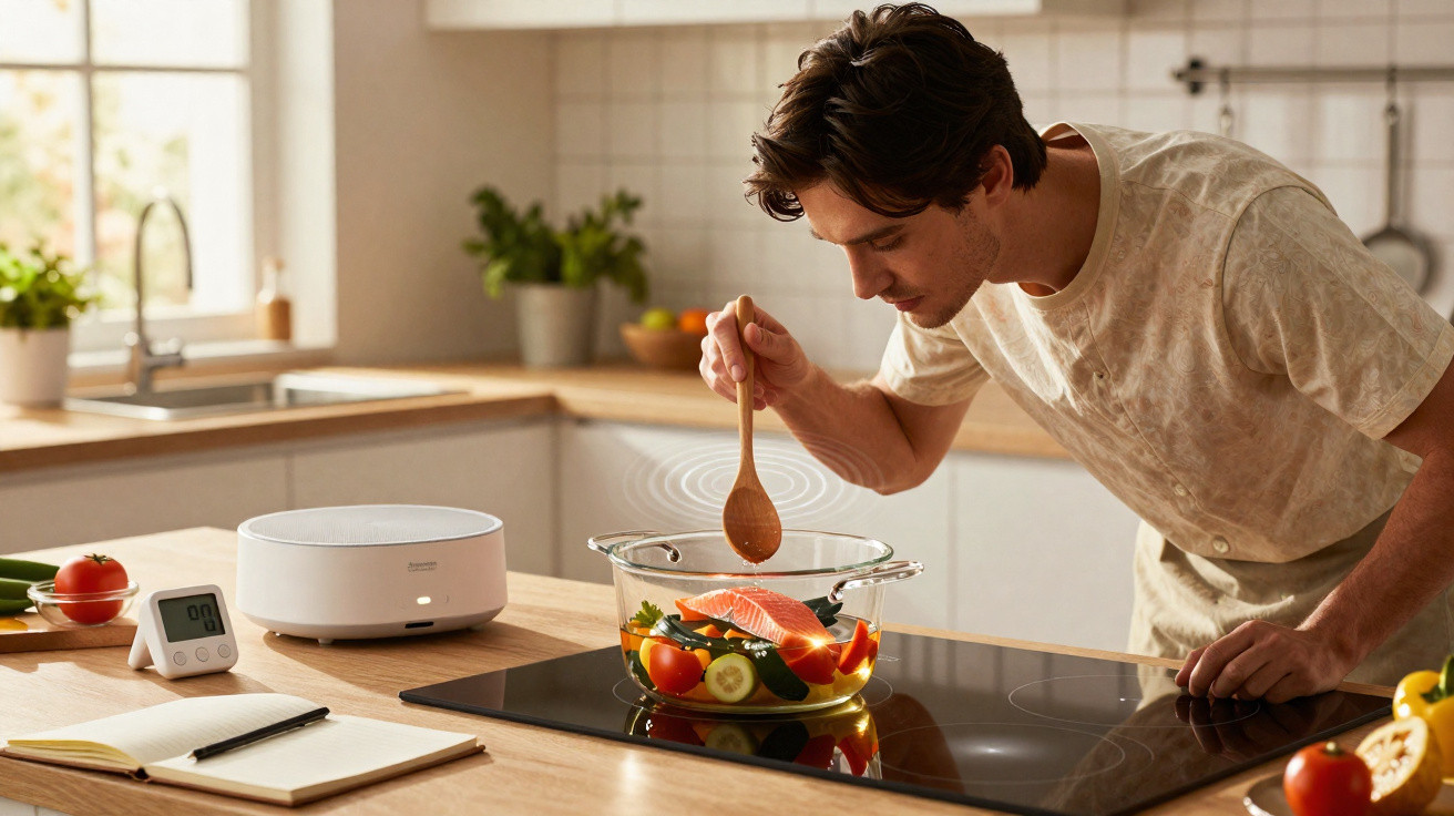 Homem a cozinhar legumes e salmão numa panela de vidro numa cozinha moderna com iluminação natural.