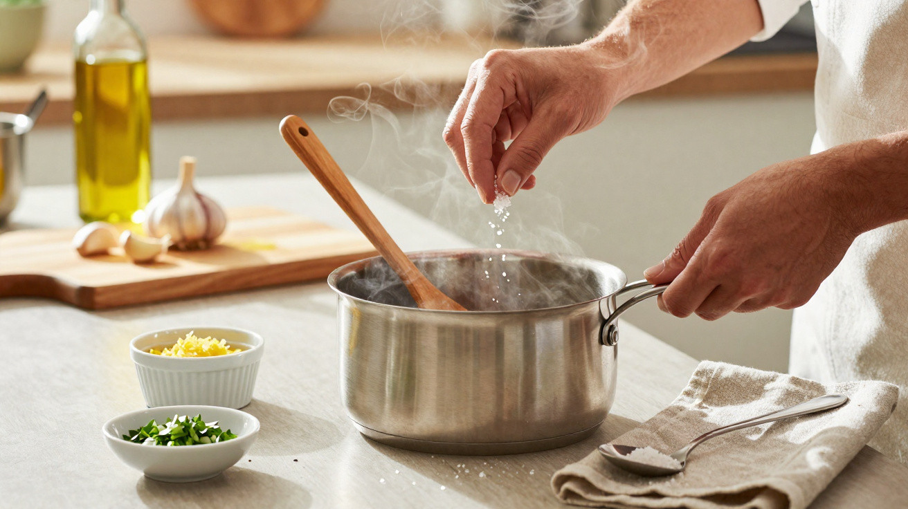 Mãos a temperar com sal uma panela de aço inox com vapor numa cozinha iluminada, com ingredientes à volta.