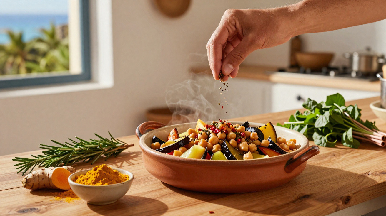 Mão a temperar uma tigela de barro com grão, legumes e especiarias numa cozinha iluminada.