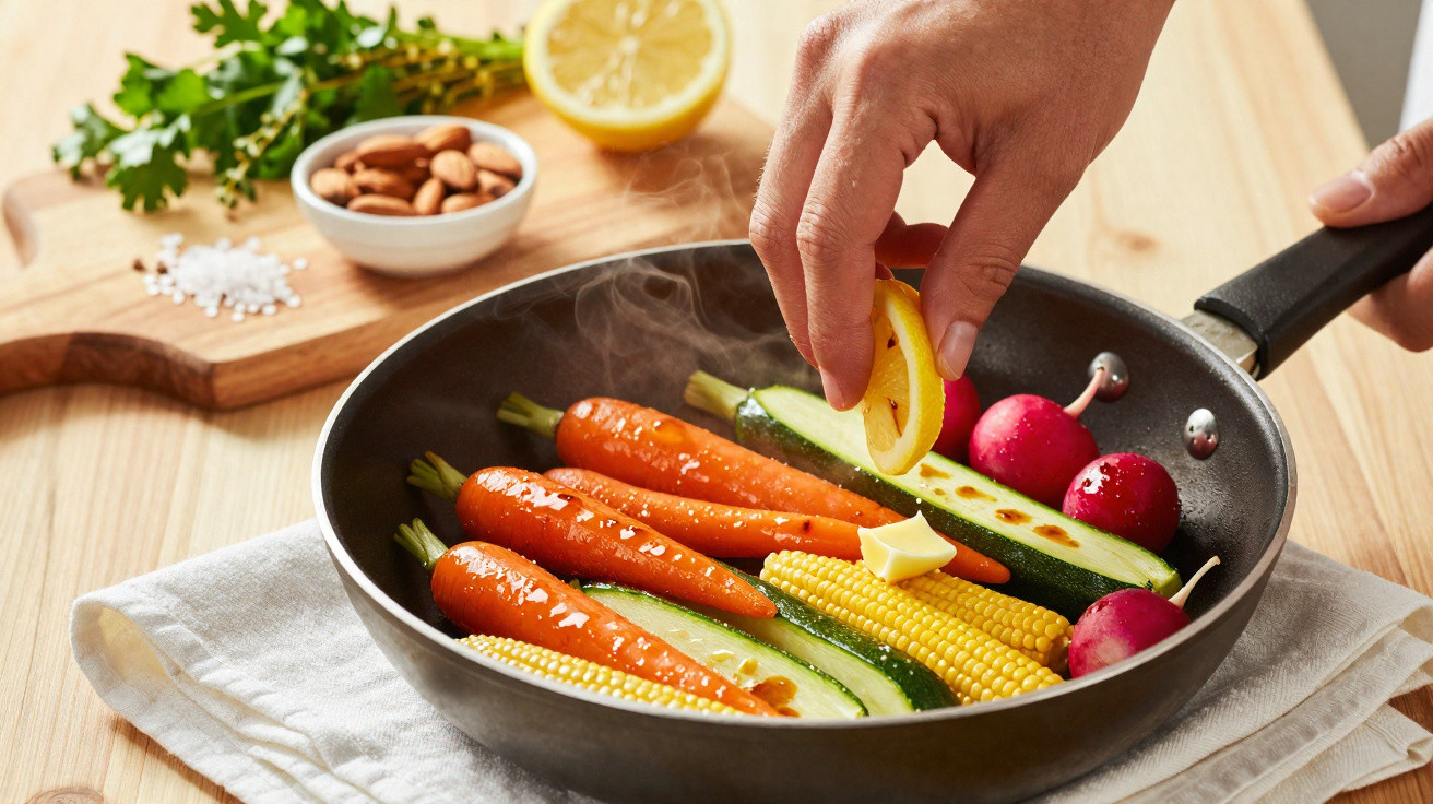 Legumes frescos a cozinhar numa frigideira com manteiga e fatia de limão a ser espremida.