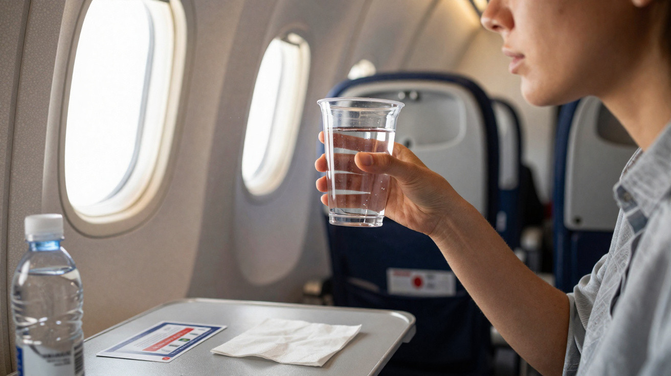Pessoa sentada num avião a segurar um copo de plástico com água junto à janela e mesa com garrafa.