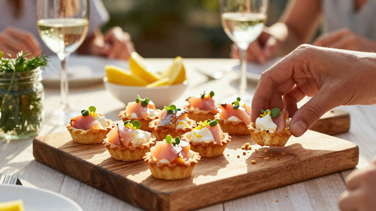 Tábua de madeira com mini tarteletes de salmão fumado e creme, mão a pegar uma, copos de vinho ao fundo.