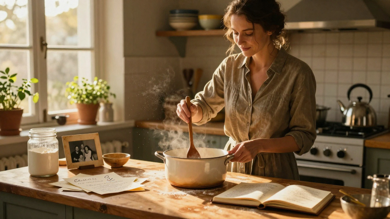 Mulher a cozinhar, mexendo um tacho numa cozinha iluminada, com livro de receitas aberto sobre a bancada.