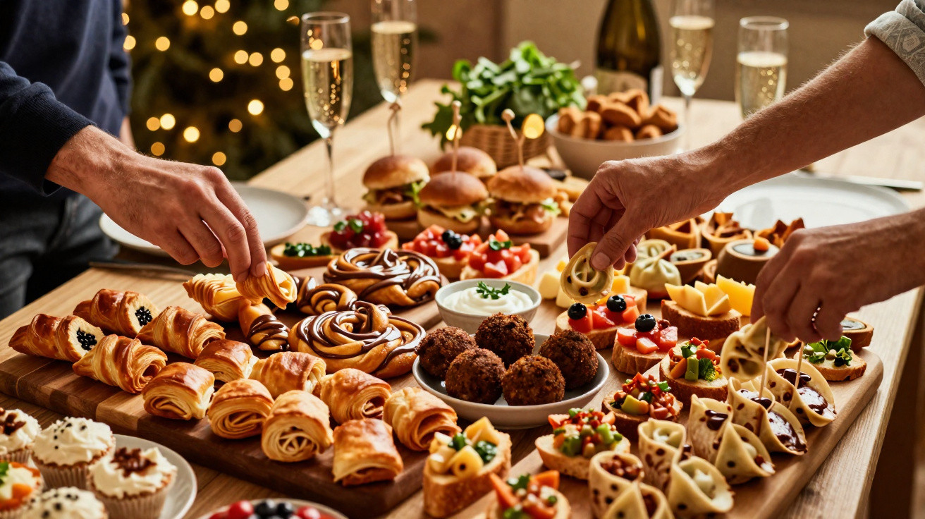 Mesa com várias entradas e pratos de festa, incluindo mini hambúrgueres, doces e petiscos, mãos a servir.