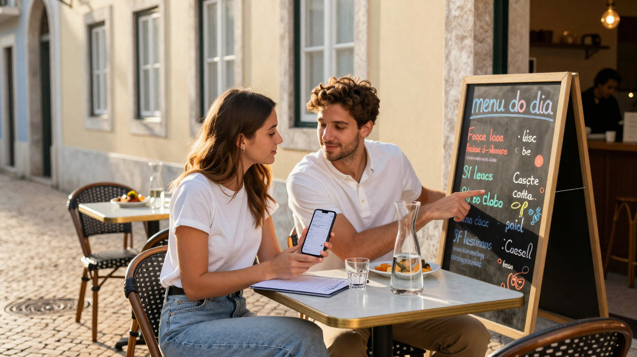 Casal sentado numa esplanada a consultar e discutir o menu do dia num quadro preto junto à mesa.
