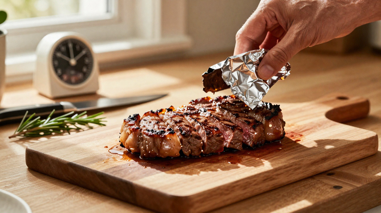 Bife suculento cortado em fatias sobre tábua de madeira com mão a temperar com pedaço de manteiga.