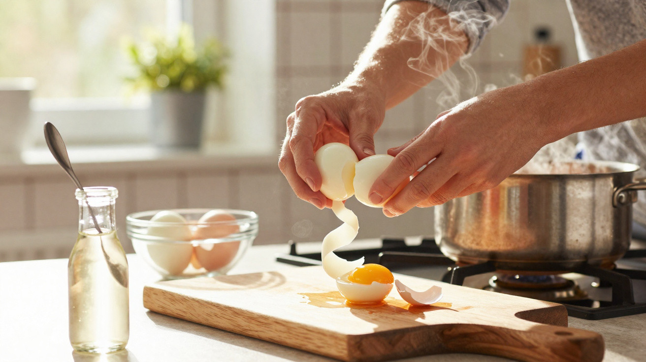 Mãos a abrir um ovo sobre uma tábua de madeira numa cozinha com um fogão e uma panela ao fundo.