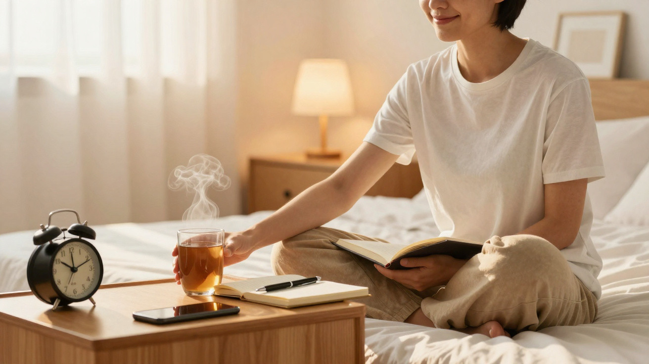 Mulher sentada na cama a beber chá quente, com livro, caderno, telemóvel e despertador à sua frente.
