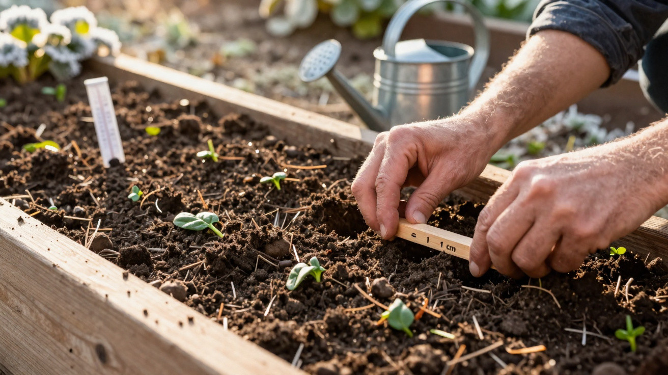 Mãos a medir a distância entre sementes plantadas numa pequena horta em vaso de madeira.