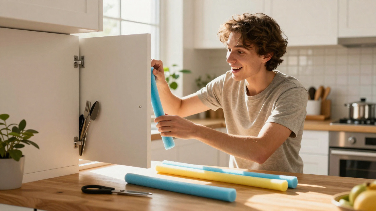 Jovem a guardar rolos de papel colorido num armário de cozinha moderna, sorridente.