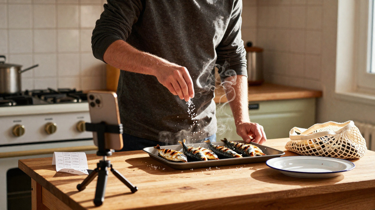 Pessoa a temperar peixes grelhados numa cozinha, com telemóvel em tripé a gravar.