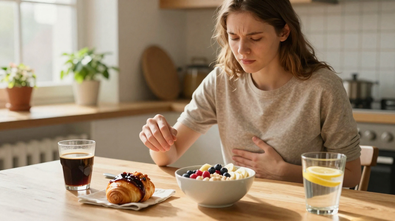 Mulher com expressão de dor a segurar o estômago sentada à mesa com comida e bebida à sua frente.