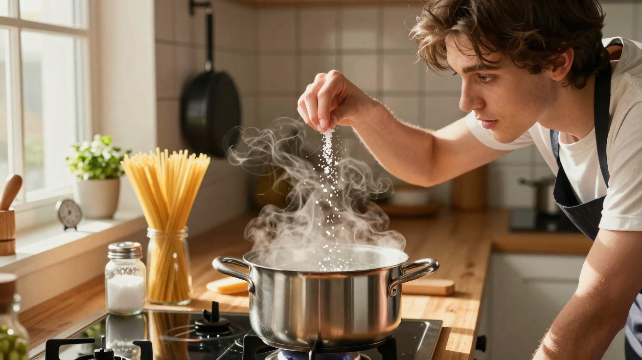 Jovem a temperar água a ferver numa panela com esparguete ao fundo numa cozinha luminosa.