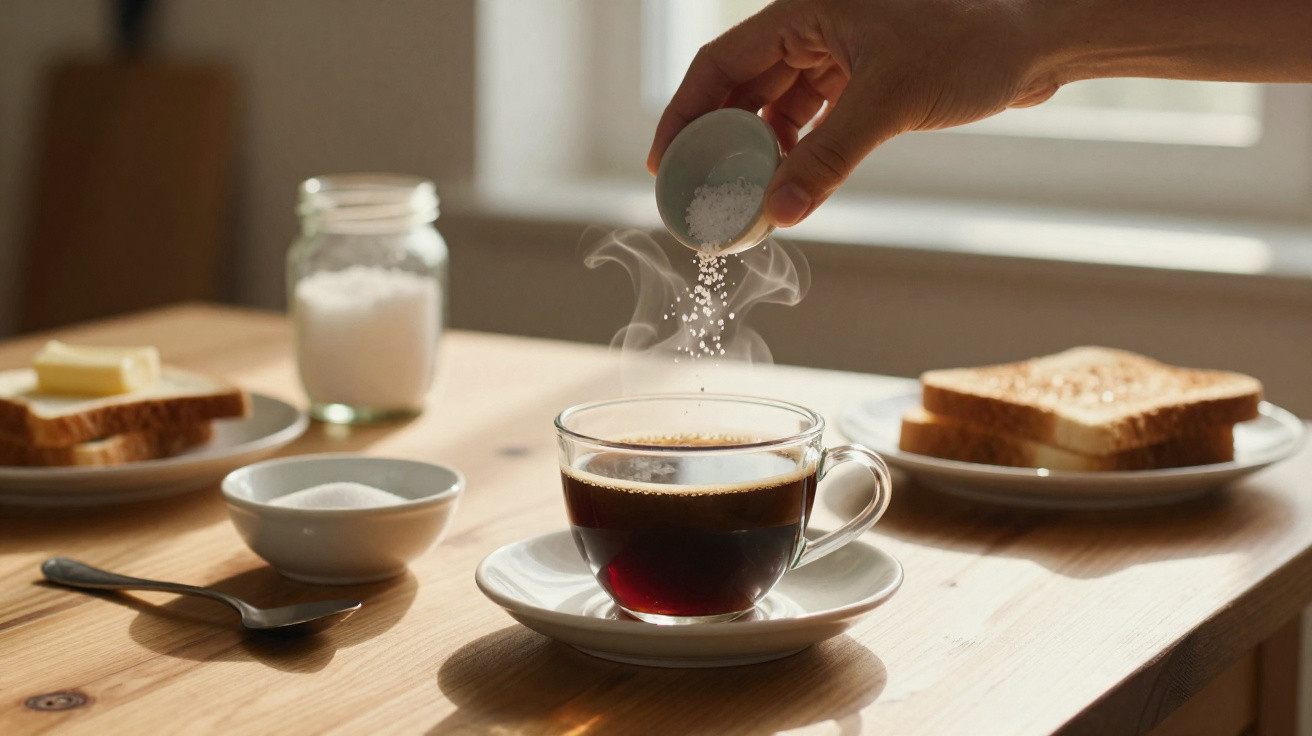 Mão a adicionar açúcar a uma chávena de café com torradas e manteiga num fundo desfocado.