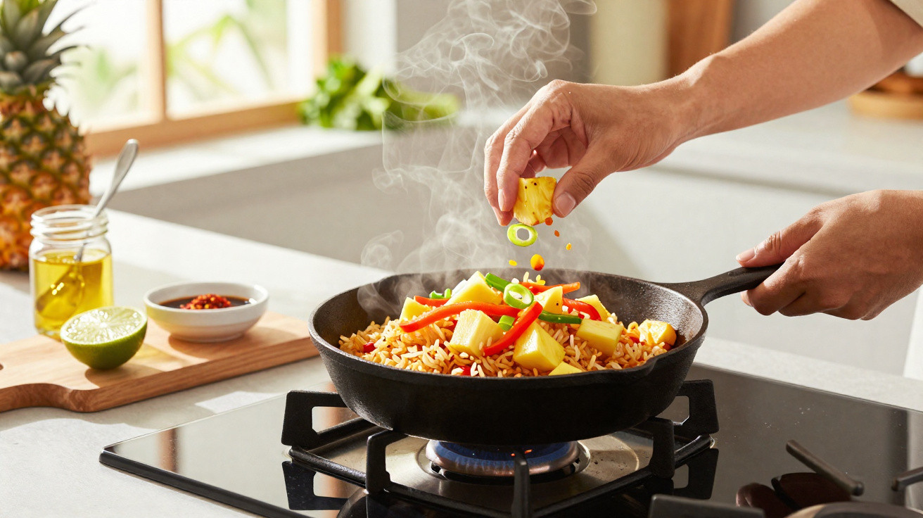 Mãos a temperar arroz com legumes e ananás numa frigideira quente num fogão a gás na cozinha.