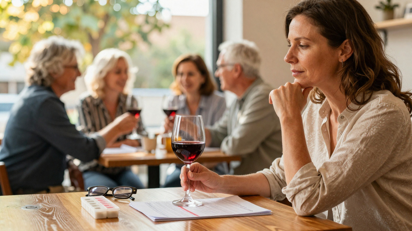 Mulher pensativa com copo de vinho tinto à frente, enquanto grupo socializa ao fundo numa mesa.