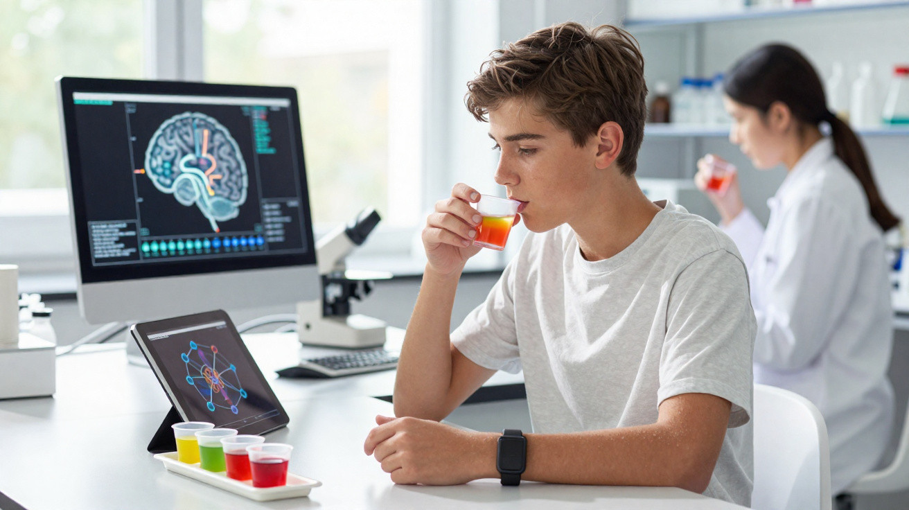 Jovem a beber um líquido colorido em laboratório com gráficos cerebrais no ecrã e cientista ao fundo.