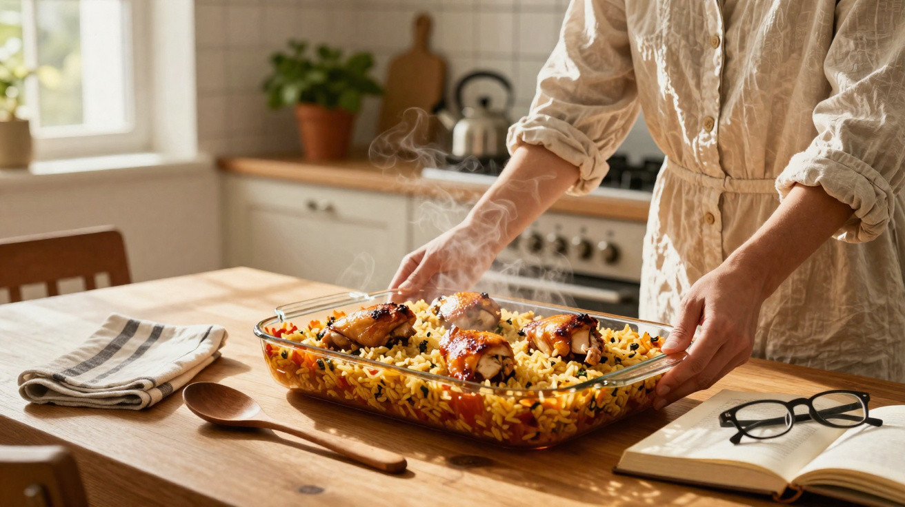 Pessoa com camisa clara a retirar travessa de vidro com arroz e frango fumegante numa cozinha ensolarada.