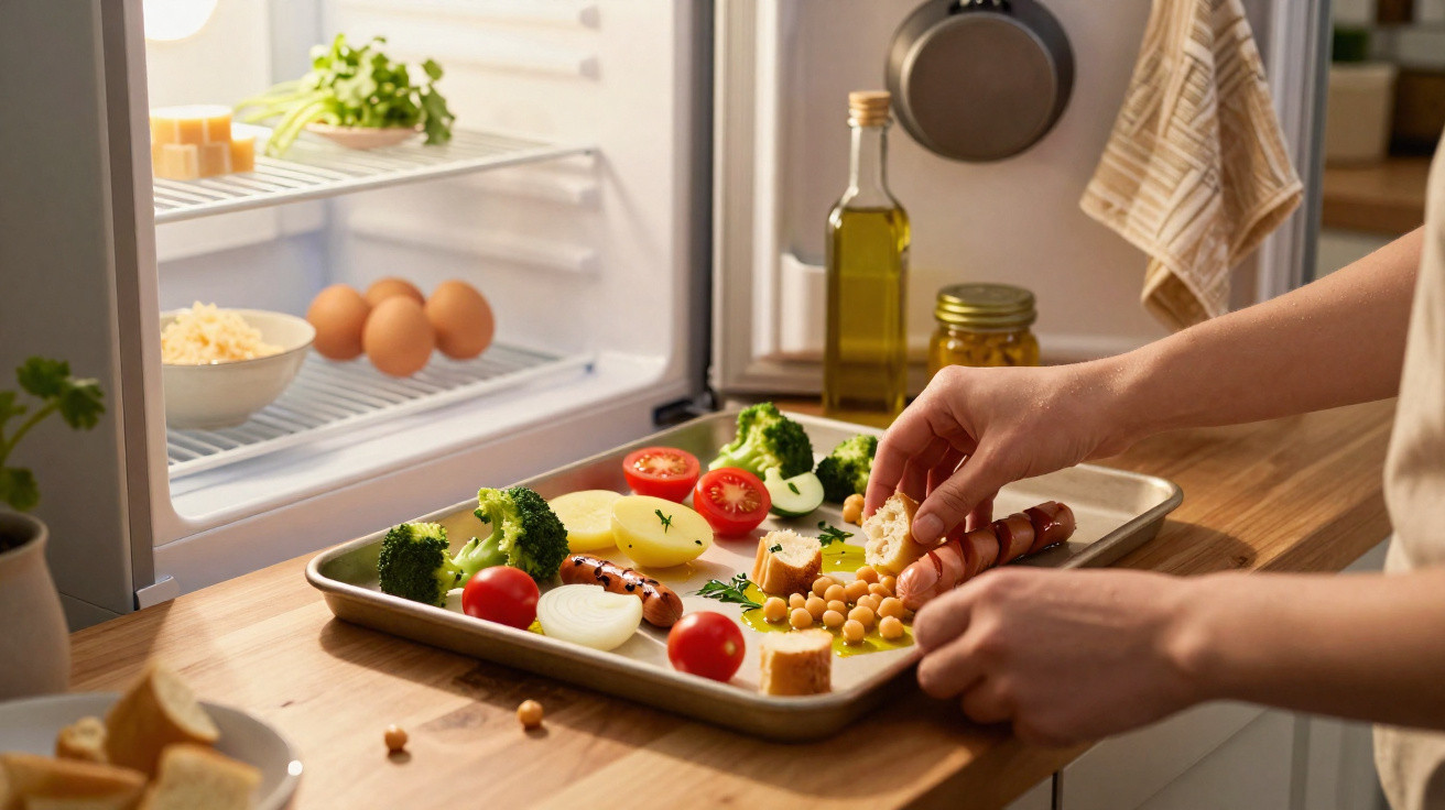 Mãos a preparar tabuleiro com legumes e grão-de-bico junto a frigorífico aberto numa cozinha.