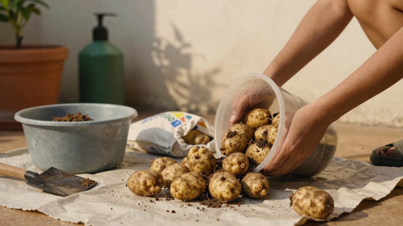 Mãos a despejar batatas com terra num papel, ao lado de uma pá e recipiente metálico com terra.