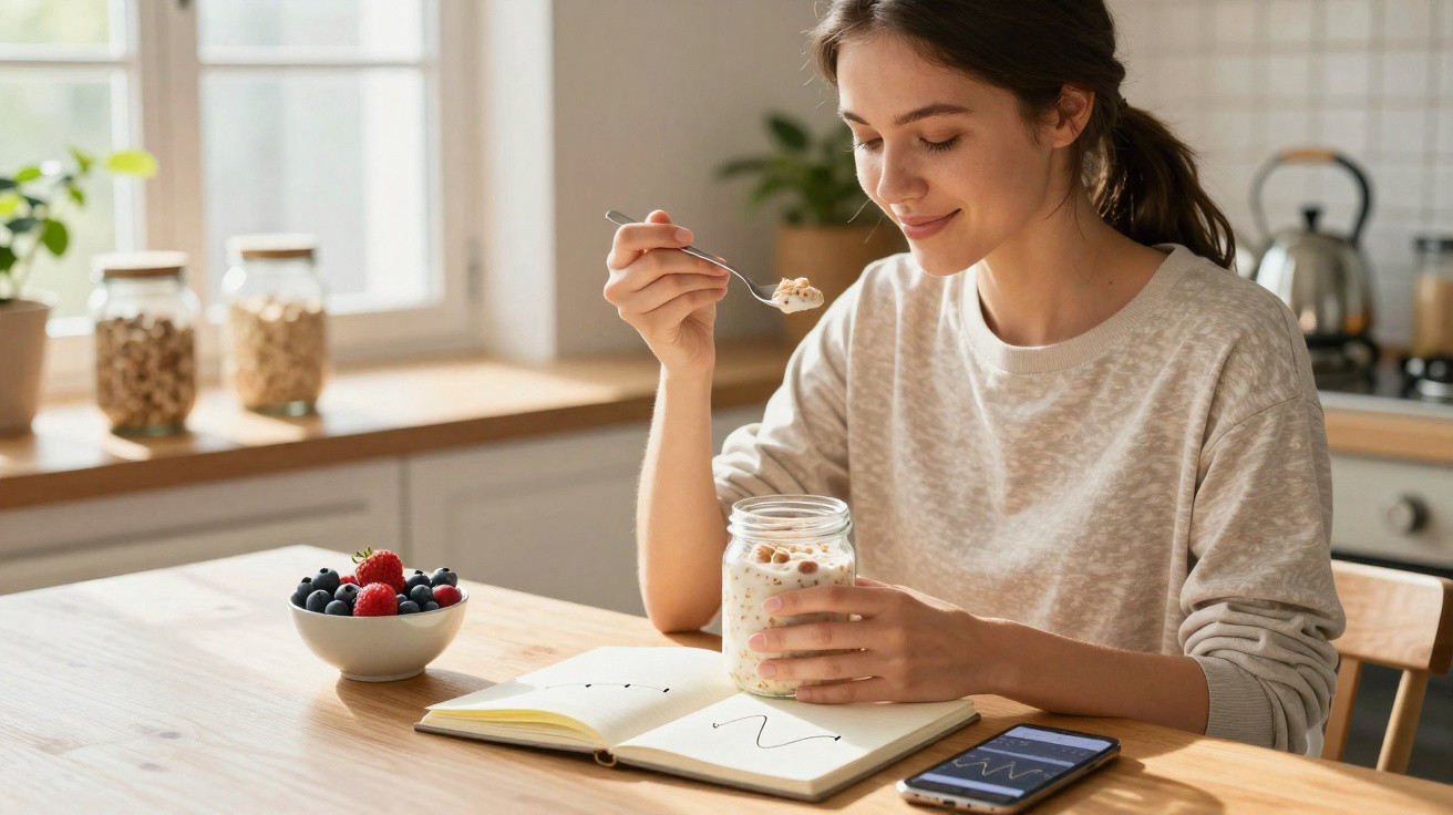 Mulher sorridente a comer iogurte com granola, lendo um caderno, numa cozinha luminosa.