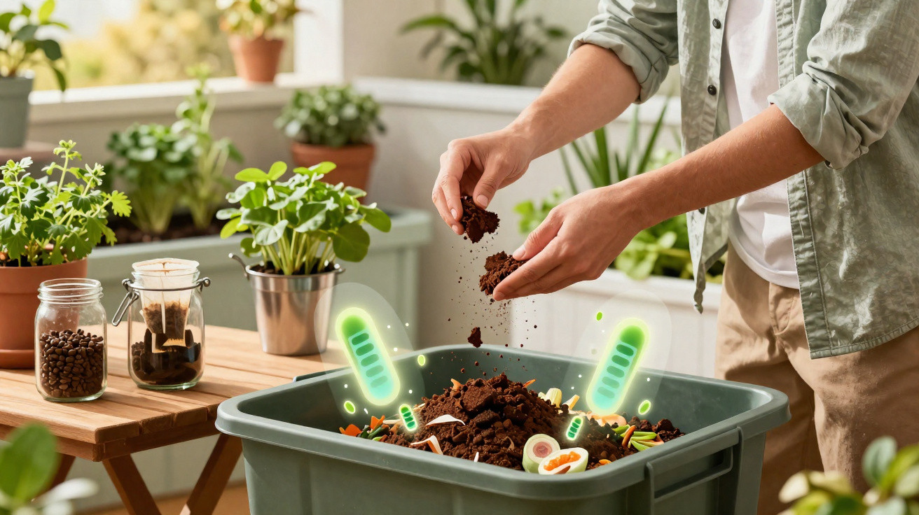Pessoa a adicionar resíduos orgânicos a um compostor doméstico num ambiente com plantas.