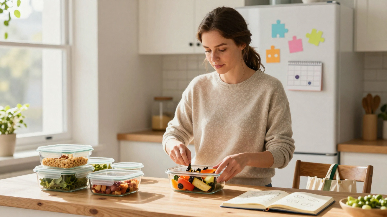Mulher a preparar salada numa cozinha moderna com vários recipientes de vidro na bancada.