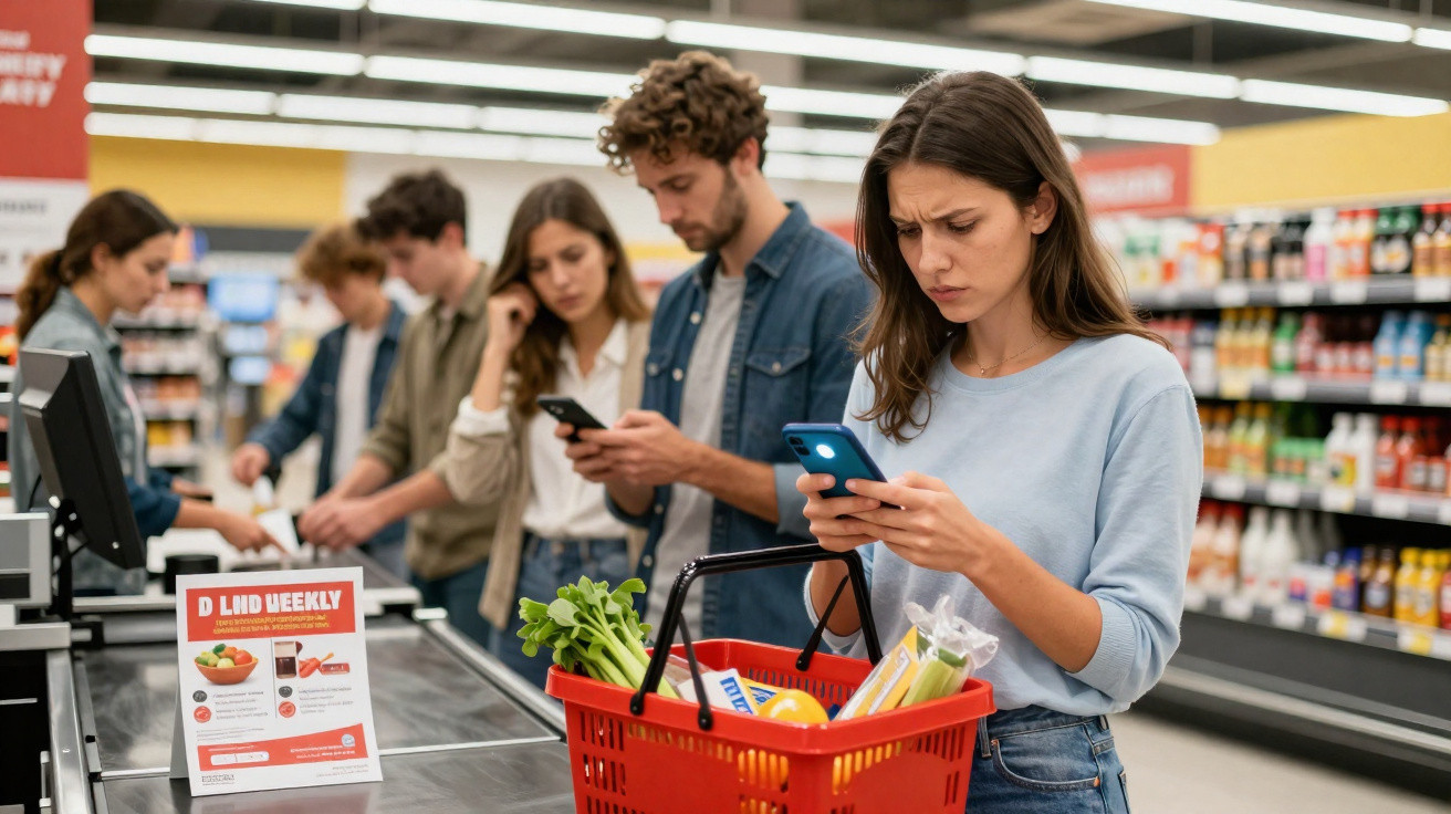 Jovem mulher com carrinho de compras a olhar preocupada para o telemóvel numa fila de supermercado.