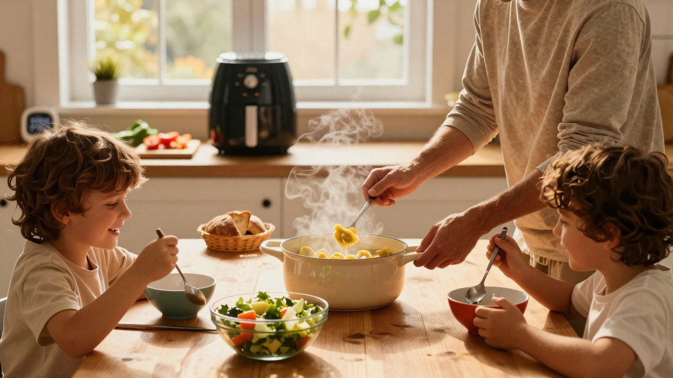 Pai a servir massa quente a dois filhos sentados à mesa com salada numa cozinha iluminada pela janela.