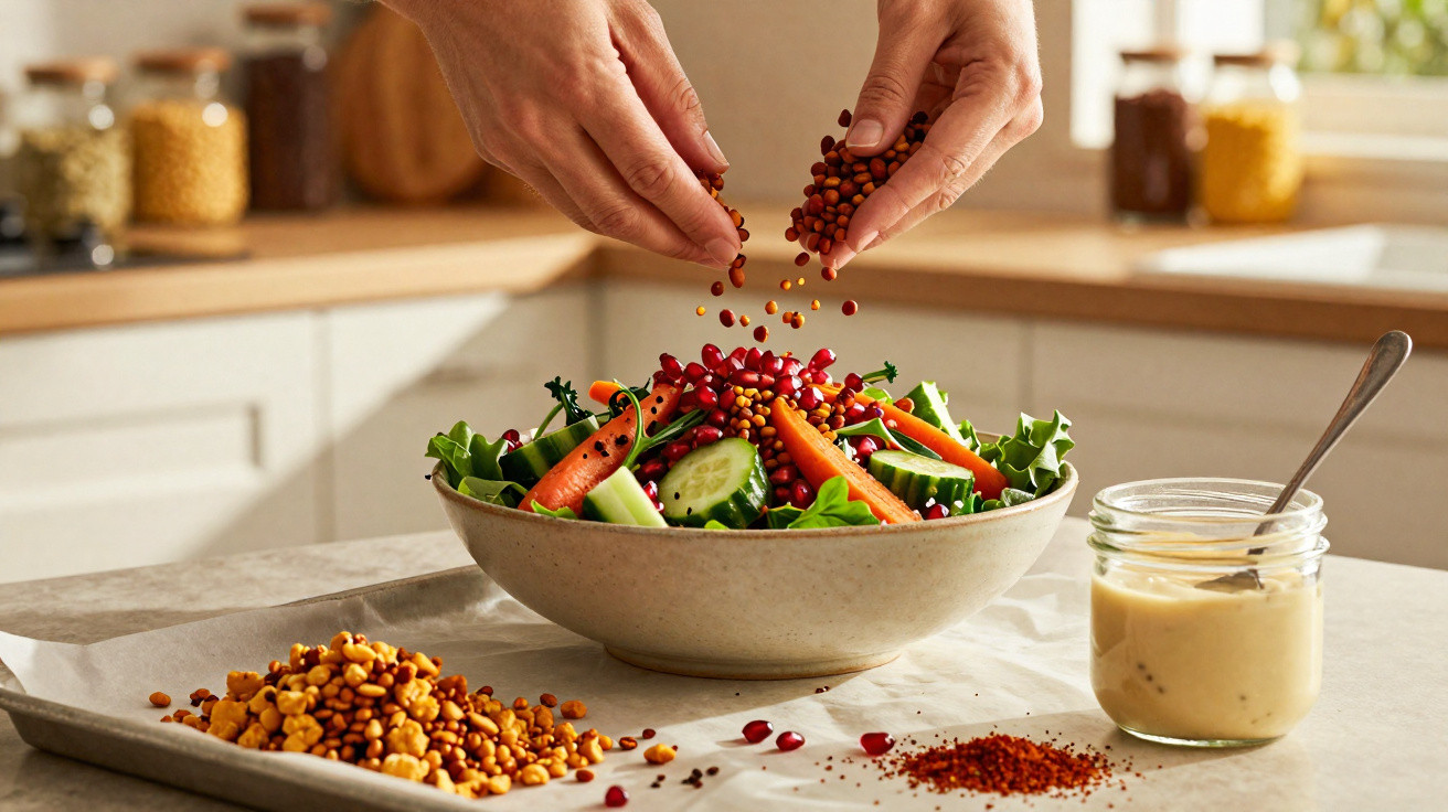 Mãos a polvilhar leguminosas numa salada com alface, cenoura e pepino numa cozinha luminosa.