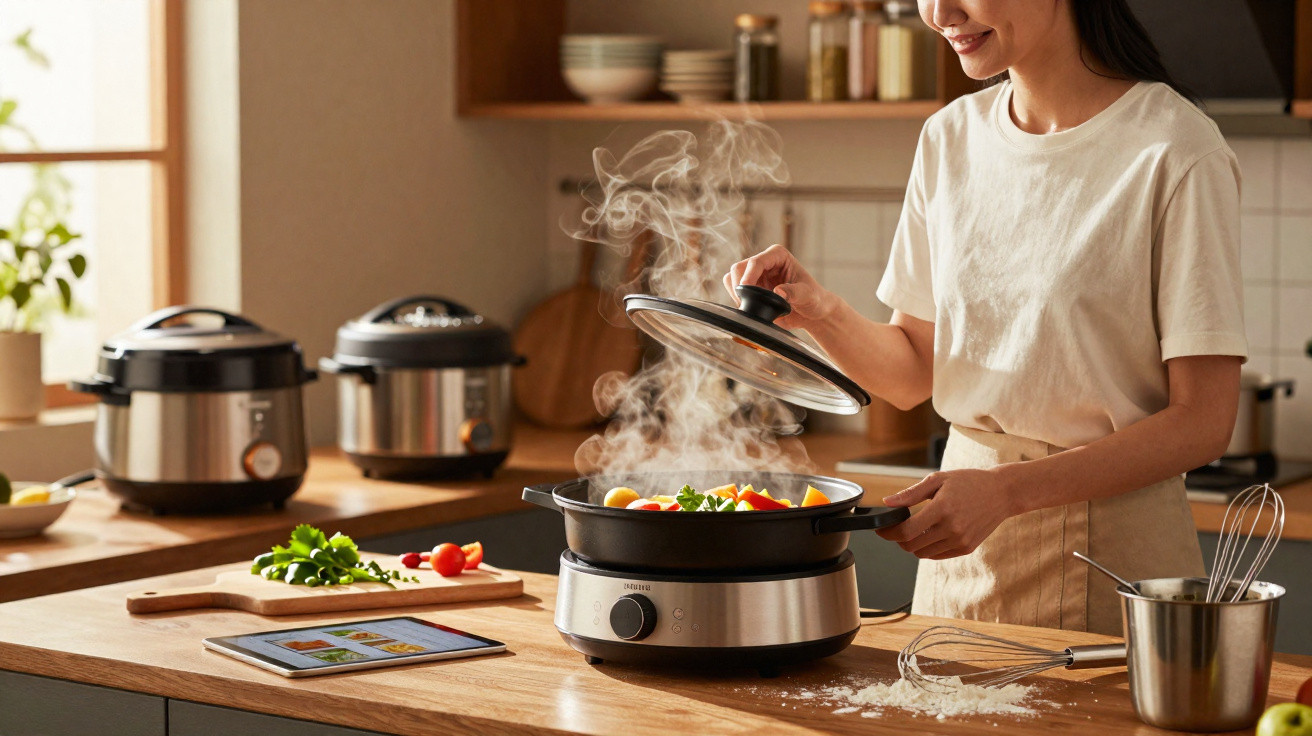Mulher a cozinhar refeições saudáveis numa panela elétrica numa cozinha moderna e bem iluminada.