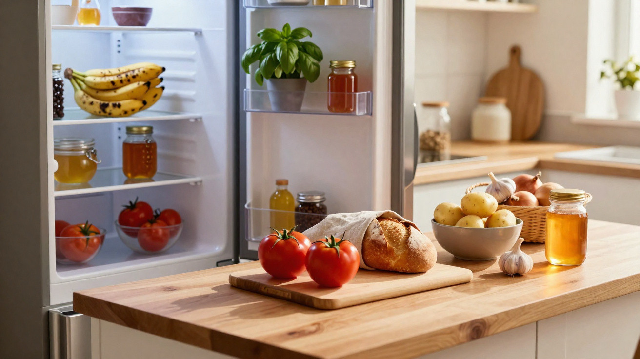 Frigorífico aberto com frutas, legumes e mel, e bancada de cozinha com pão, tomates, batatas e alho.