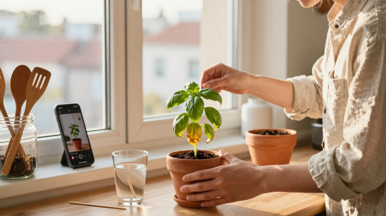 Pessoa a cuidar de planta em vaso de barro junto a janela, com telefone a tirar foto da planta.