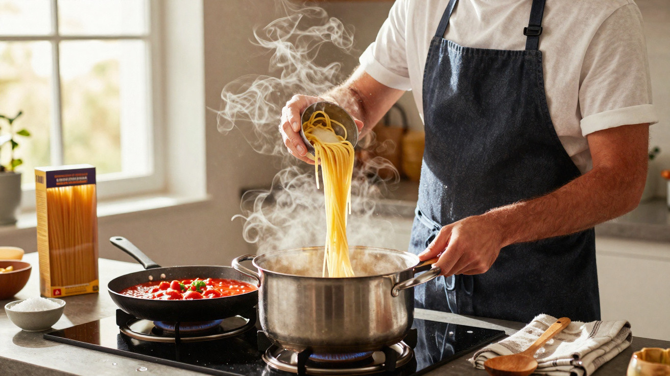 Pessoa a cozinhar esparguete numa panela com vapor, ao lado molho de tomate numa frigideira.
