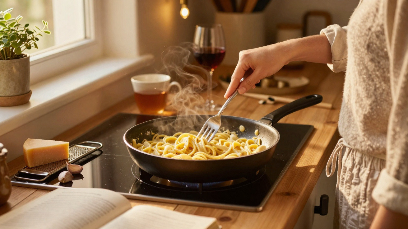 Pessoa a mexer esparguete quente numa frigideira numa cozinha com vinho e queijo à volta.