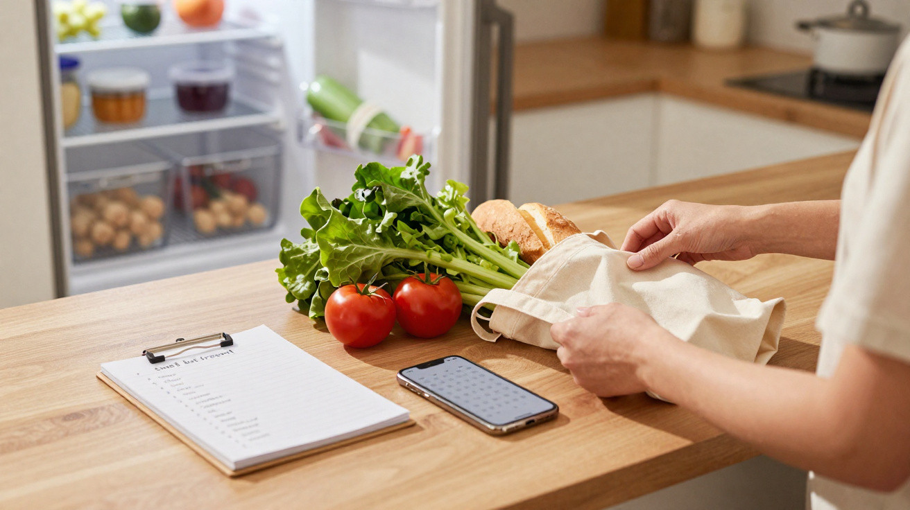 Pessoa a colocar legumes e pão num saco reutilizável na cozinha com telemóvel e lista de compras na bancada.
