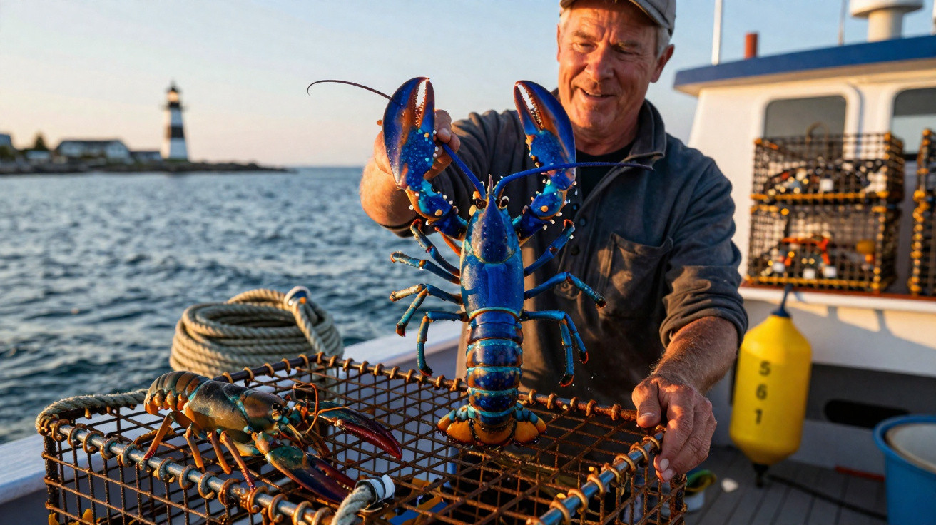 Pescador segura lagosta azul gigante num barco de pesca perto de um farol ao pôr do sol.