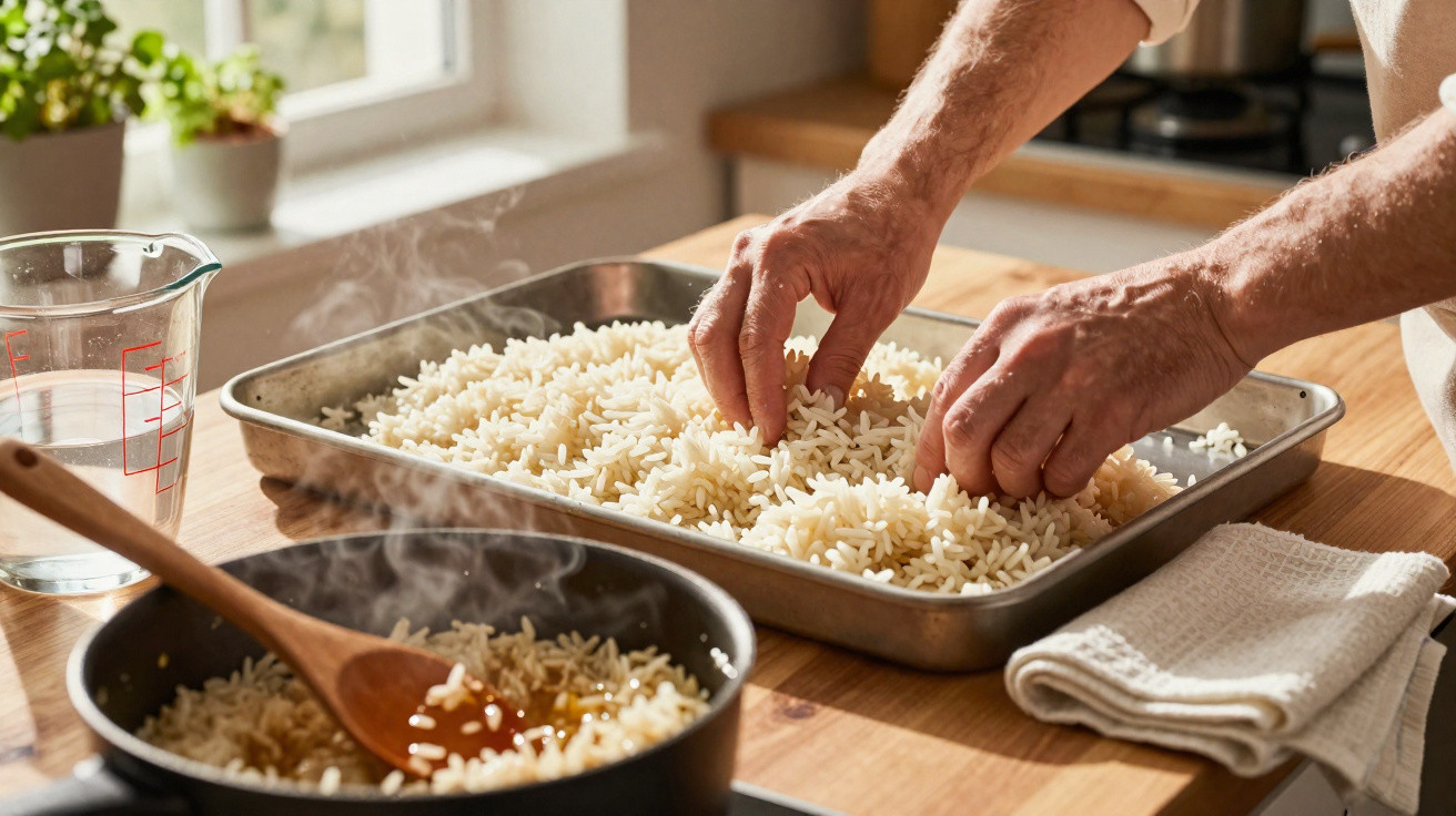 Pessoas dispõem arroz cozido num tabuleiro enquanto foge vapor de panela na cozinha iluminada.