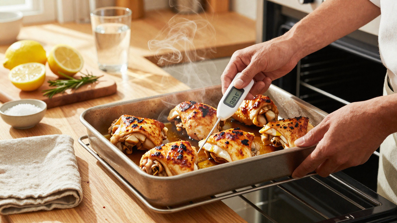 Pessoa a medir a temperatura do frango no tabuleiro metálico com termómetro digital, cozinha ao fundo.