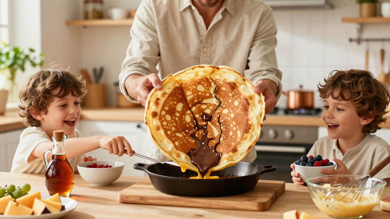 Adulto a virar panqueca com chocolate no tabuleiro, enquanto crianças observam e seguram frutos numa cozinha.