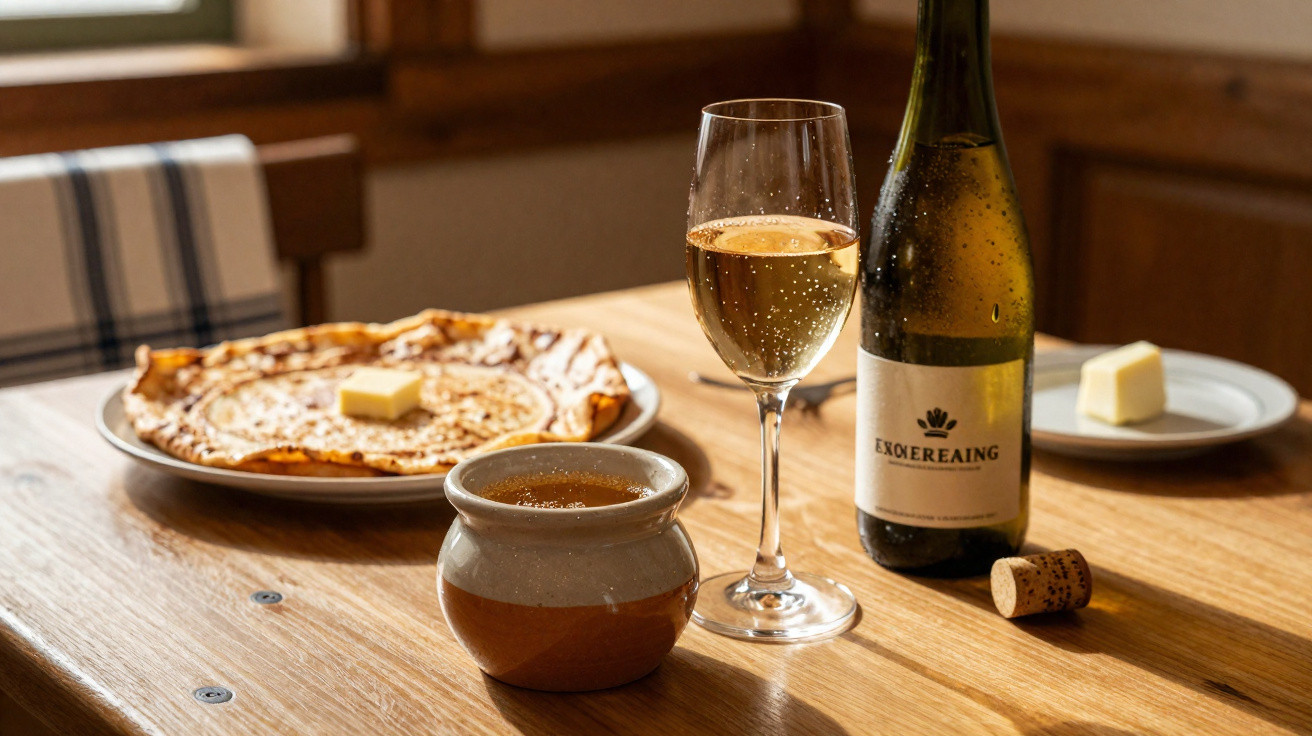 Mesa de madeira com crepe, copo e garrafa de vinho espumante, quartinha com bebida e prato com manteiga.