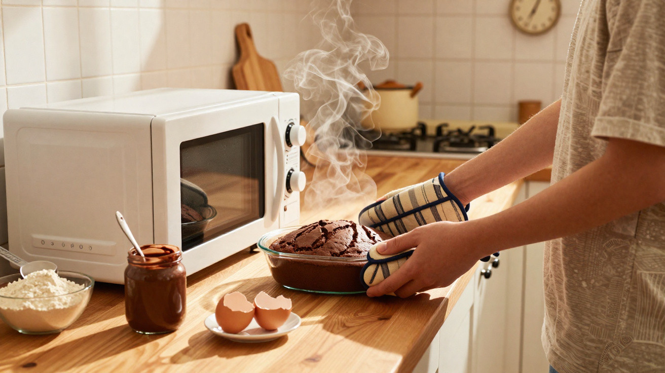 Pessoa a retirar bolo de chocolate quente do forno micro-ondas numa cozinha iluminada.