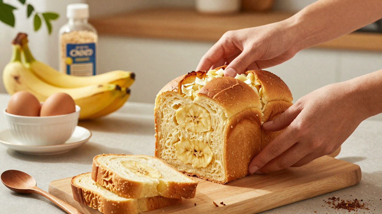 Pessoa a segurar pão de banana com fatias cortadas, ovos, bananas e aveia ao fundo sobre mesa clara.