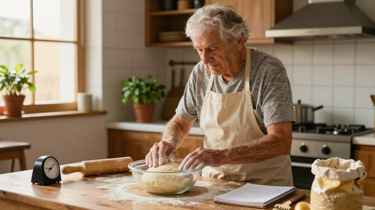 Homem idoso a preparar massa numa cozinha rústica, com avental e utensílios de pastelaria na mesa.