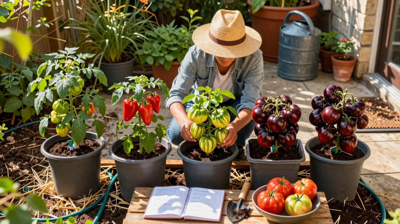 Pessoa com chapéu a cuidar de várias plantas de pimentos e tomates em vasos num jardim no pátio.