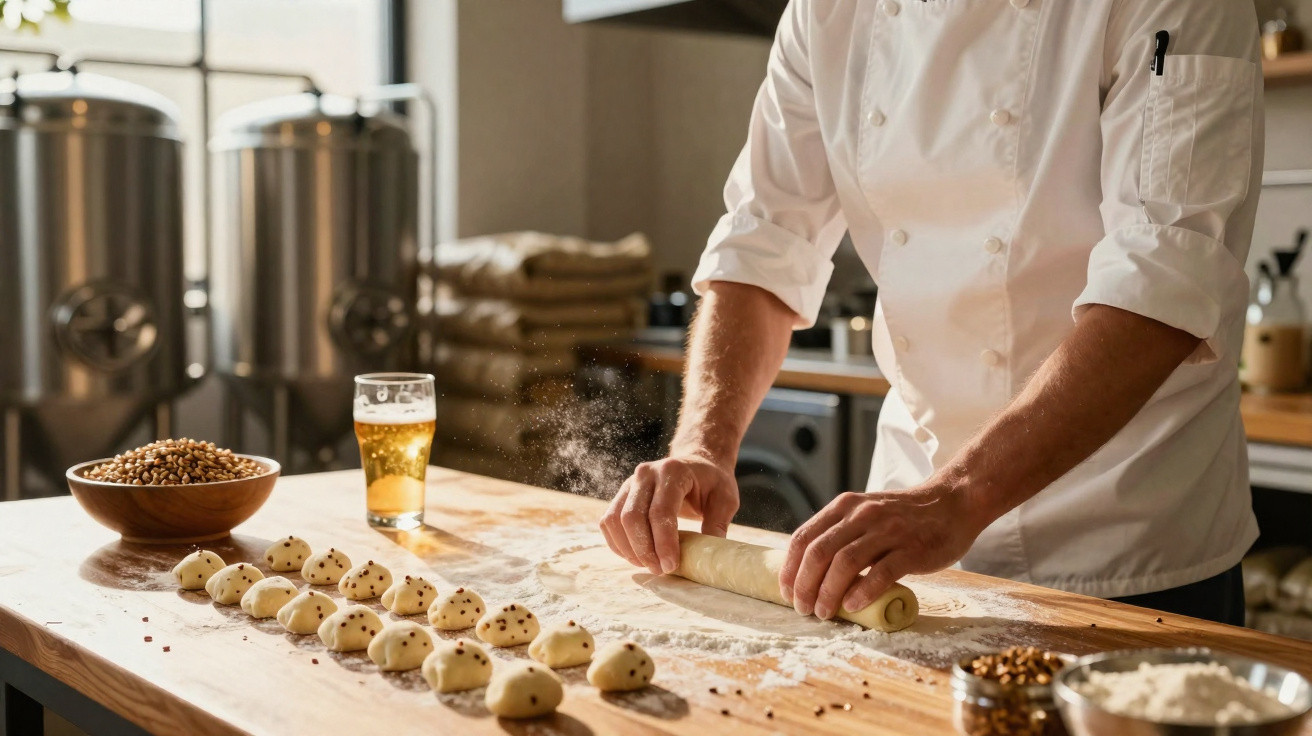 Cozinheiro a enrolar massa na bancada com bolas de massa e cerveja num ambiente de cozinha profissional.